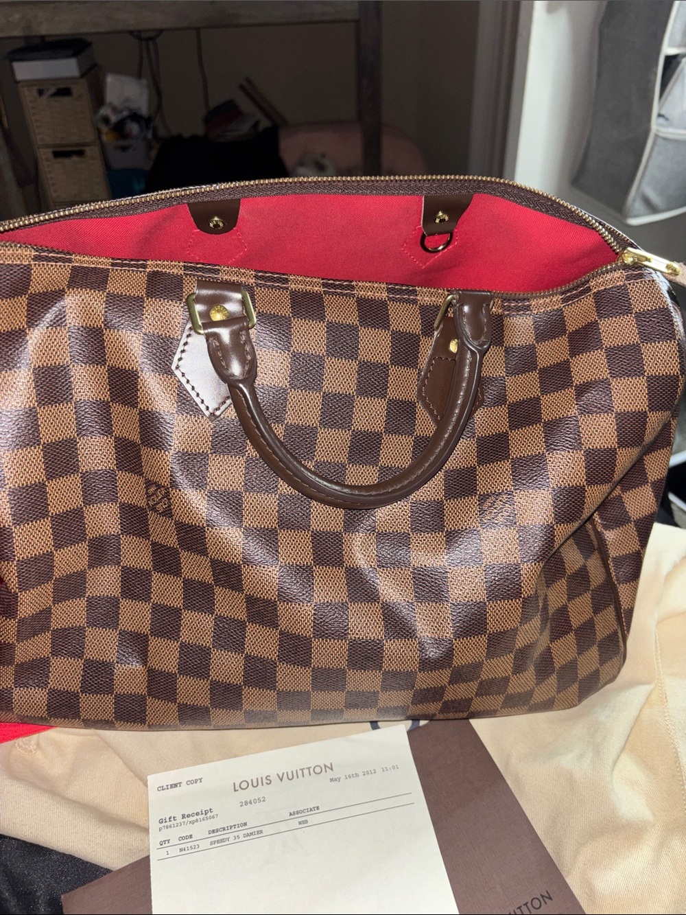 Louis Vuitton Damier Ebene Speedy 35 Satchel with Red Interior